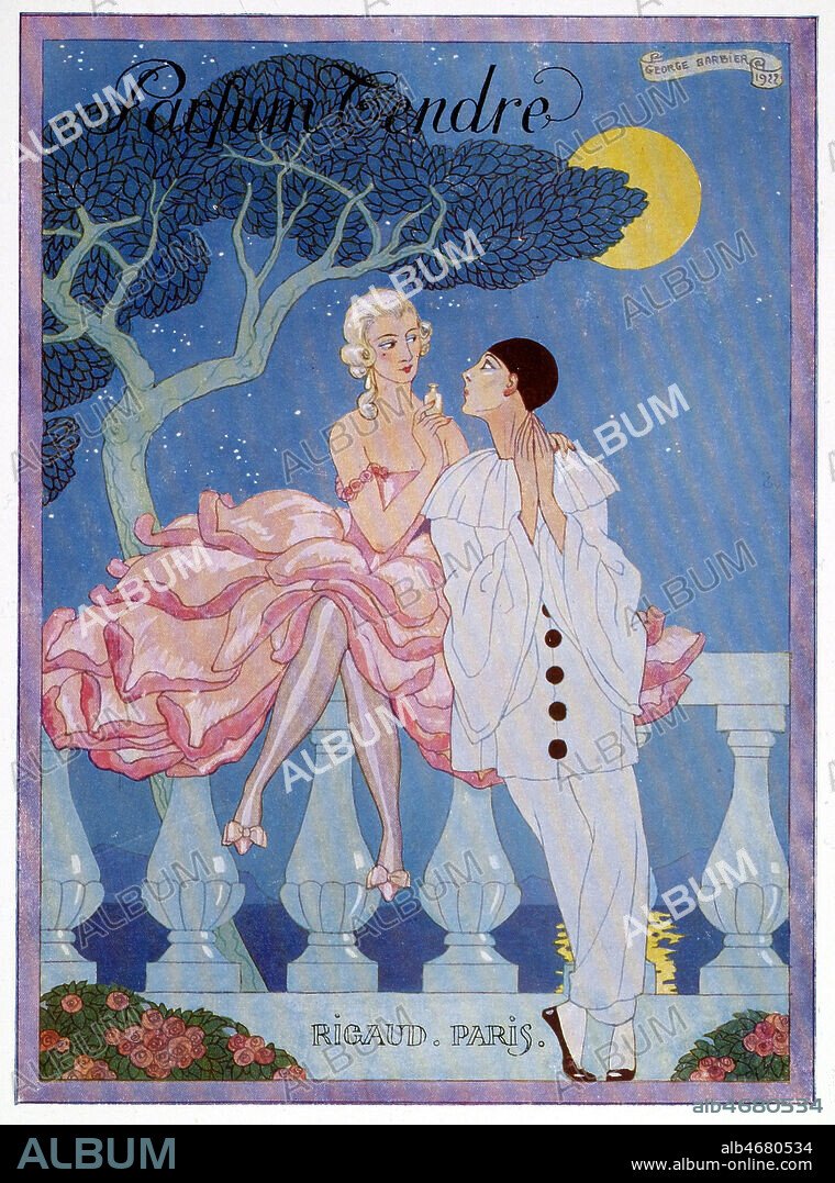 PIERROT. Publicite pour le parfum RIGAUD 'Parfum Tendre' par Georges BARBIER, 1922. Credit Collection DABECOM/KHARBINE-TAPABOR.