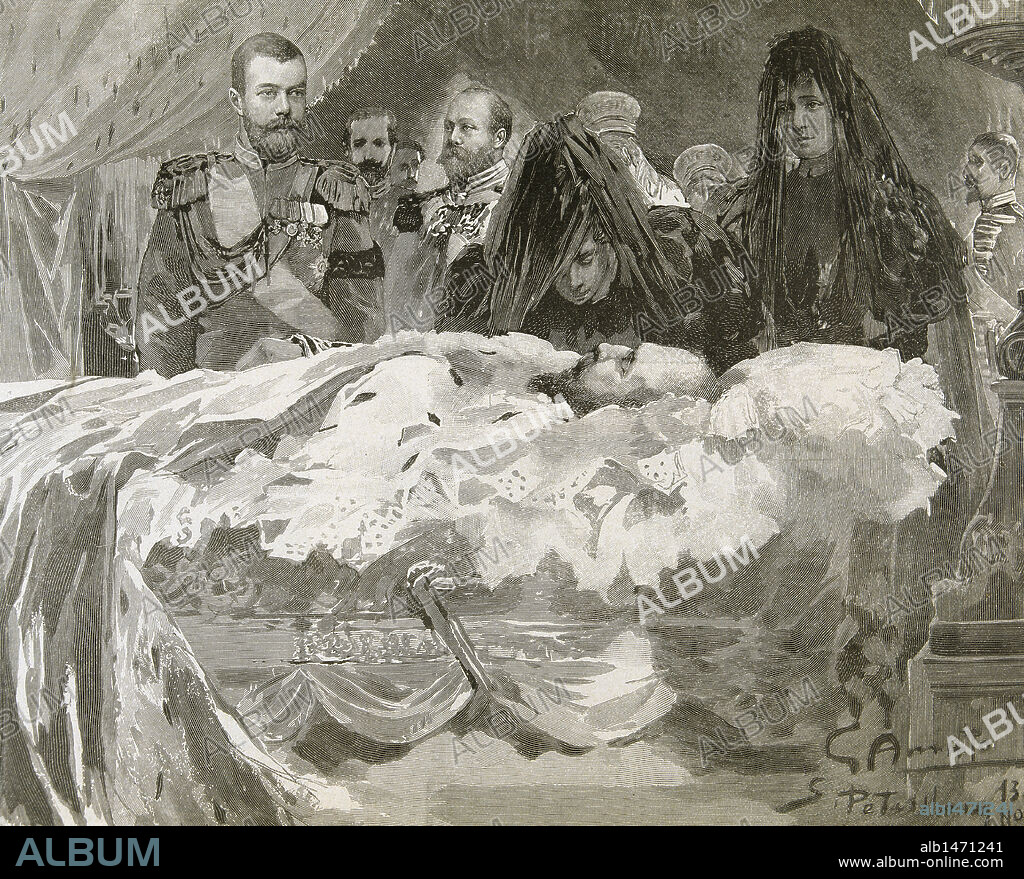 ALEJANDRO III (1845-1894). Zar de Rusia (1881-1894), hijo y sucesor de Alejandro II. "MUERTE DE ALEJANDRO III. LA FAMILIA IMPERIAL, CON EL FUTURO ZAR NICOLAS II". S. XIX. Grabado de 'L'Illustration'.