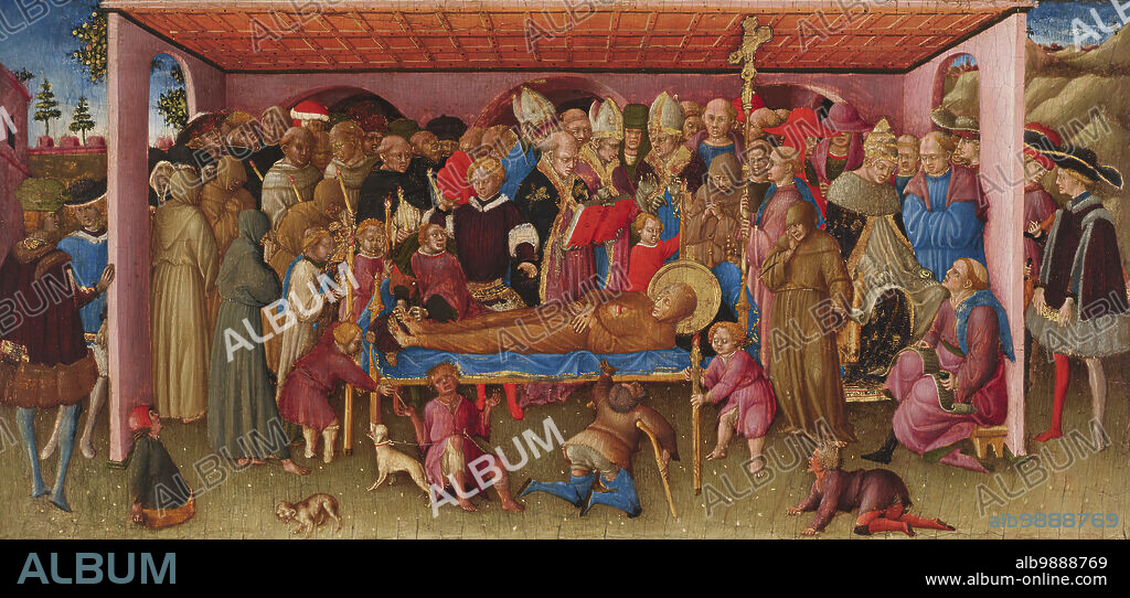 BARTOLOMEO DI TOMMASO. The Funeral of Saint Francis of Assisi, c1430. A panel from the "predella," or illustrated base, of an altarpiece dedicated to Saint Francis, this image combines the funeral of the saint (died 1226) with his canonization, or declaration of sainthood, by Pope Gregory IX in 1228. The saint's body lies on a bier surrounded by a mourning crowd. The crowd includes fashionably dressed young men along with the lame and blind, who seek a miraculous cure by touching the saint's dead body. To the right, the seated pope writes the decree of canonization.