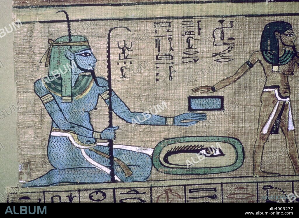 Egyptian papyrus showing the god of the primeval waters Nun, holding the emblem of long life. The blue-green colours of his body reflect waters.