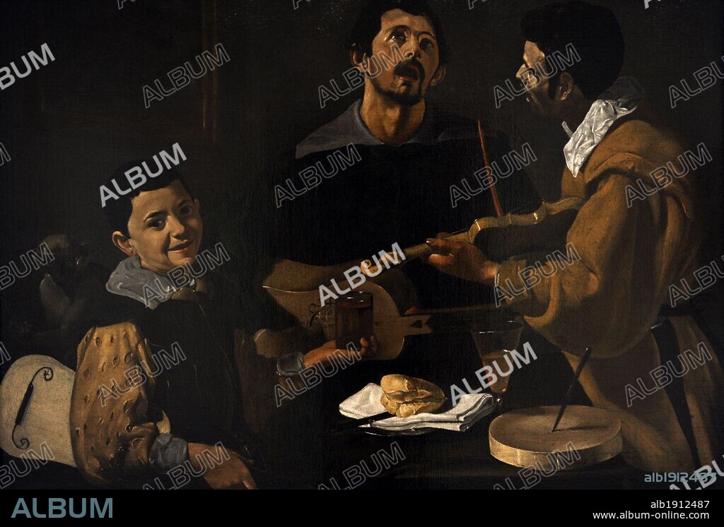 DIEGO VELÁZQUEZ. ARTE BARROCO. ESPAÑA. VELAZQUEZ, Diego (Sevilla,1599-Madrid,1660). Pintor español, máximo representante de la escuela barroca hispana. "TRES MUSICOS" o "LOS MUSICOS",1616-1620. Oleo sobre lienzo.