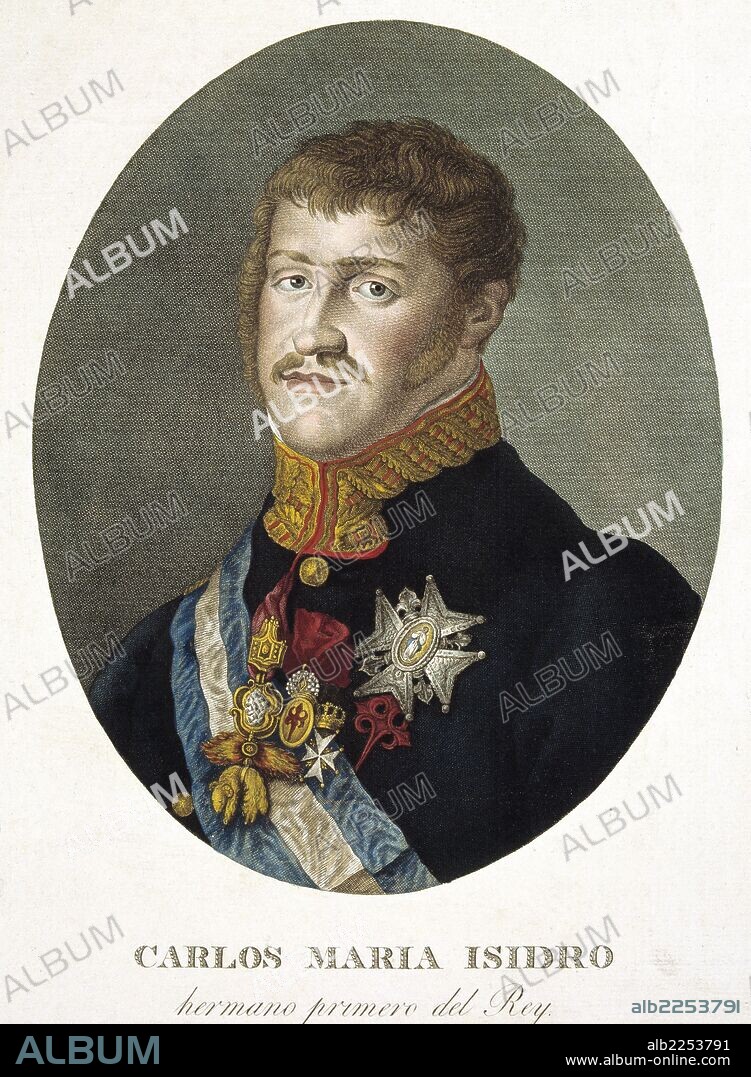BORBON , CARLOS MARIA ISIDRO DE ( 1788 - 1855 ). INFANTE DE ESPAÑA , HERMANO DE FERNANDO VII. SOSTUVO LA PRIMERA GUERRA CARLISTA CONTRA ISABEL II. GRABADO RETRATO COLOREADO. BIBLIOTECA NACIONAL. MADRID.