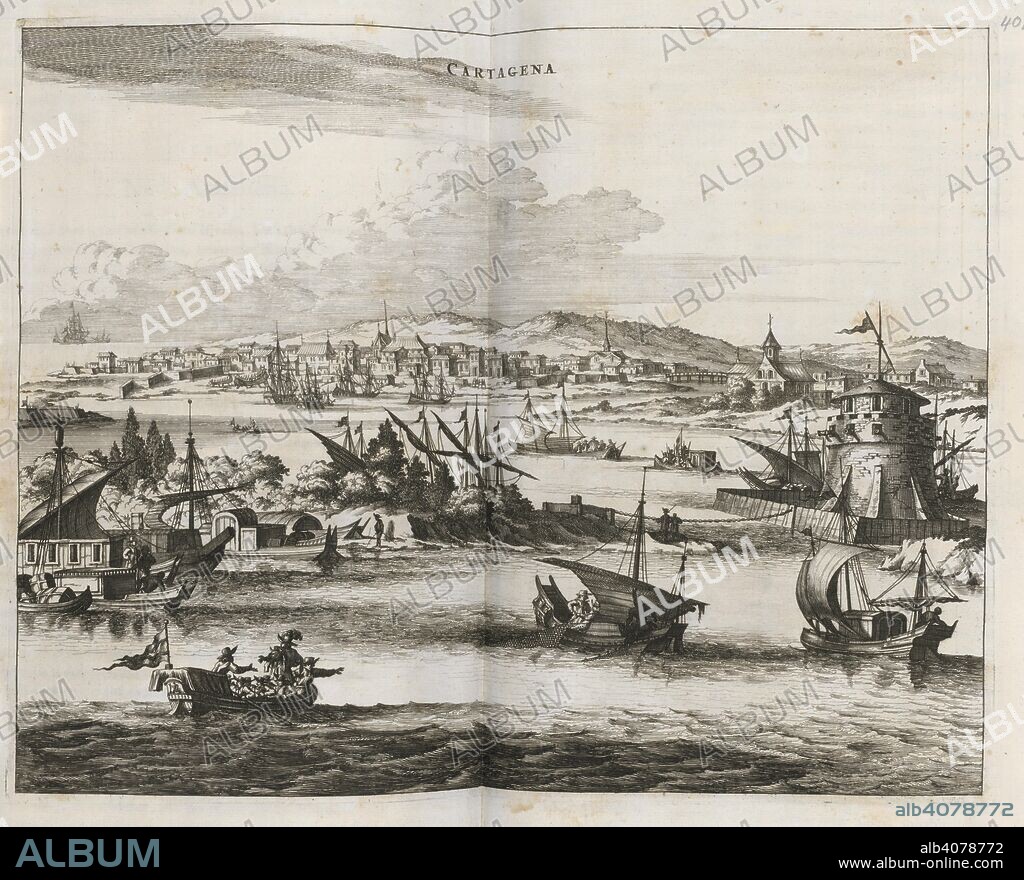JOHN OGILBY. A view of Cartagena. America, being the latest and most accurate description of the New World; containing the original of the Inhabitants, and the remarkable voyages thither: the conquest of Mexico and Peru, and other provinces and territories, with the several EuropÃ¦n plantations in those parts; with an appendix containing a survey of the unknown South-Land and the Arctick Region. London, 1671. Source: 457.f.14, page 401.