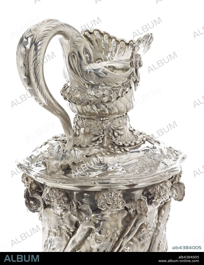 Goelet Racing Cup for Schooners, Charles Osborne, Designer (American), Tiffany & Co., Manufacturer (American), 1885, silver, 29 x 13 x 12 in., Inscribed, engraved at the neck below the spout: Goelet Cup 1885 Stamped at the underside of the foot: TIFFANY & CO, 8487 M 8183, STERLING.SILVER Inscribed, etched underneath foot in flowing script: The Goelet Cup for Schooners, August 3rd. Newport 1885. Won by Fortuna. Entries, Rambler, Fortuna, Estrelle, Dauntless, Montauk, Clytie, Mohican, Grayling, Clio, Decorative Arts.