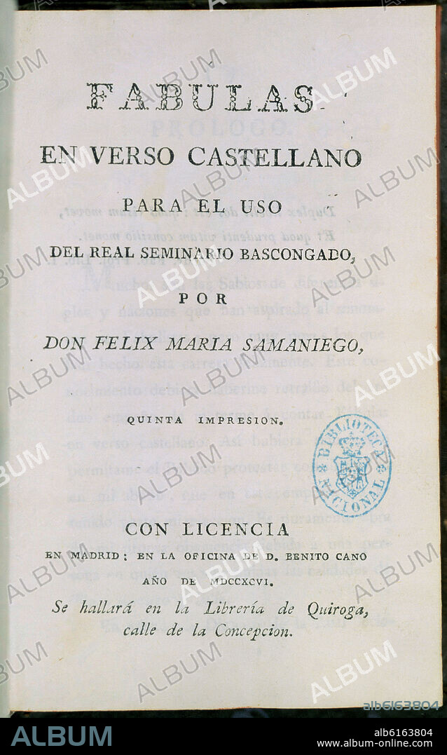 SAMANIEGO FELIX MARIA. FABULAS EN VERSO CASTELLANO - 1796.