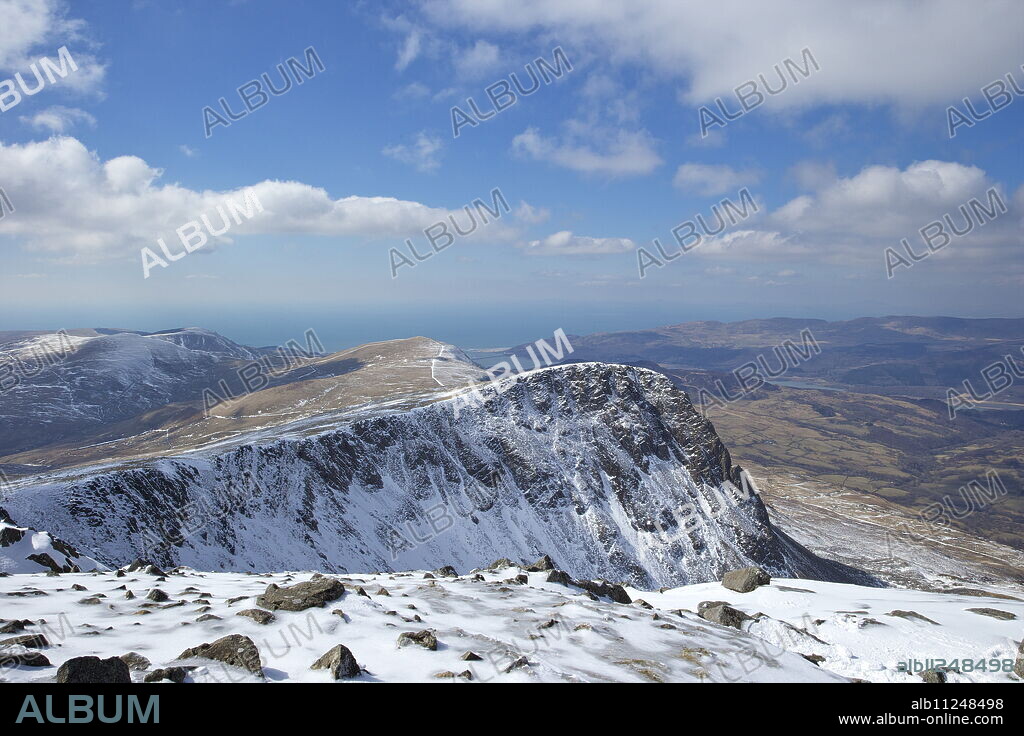 View from summit of Cader Idris in winter looking to Barmouth, Snowdonia National Park, Gwynedd, Wales, United Kingdom, Europe.