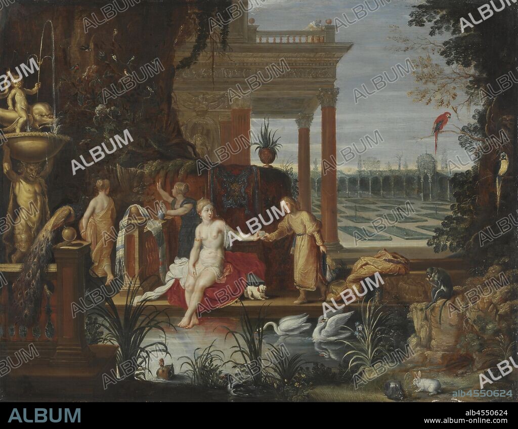 Hendrick van Balen, (1575–1632), Bathsheba in the Bath Receiving the Letter from King David, Oli on wood, Height: 49 cm (19.2), Width: 63 cm (24.8).