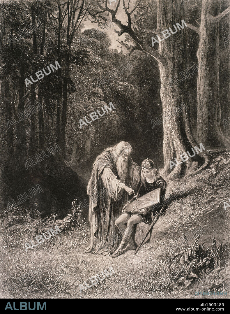 PAUL GUSTAVE DORÉ. Merlin Paints the Young Knight's Shield  (From Idlls of the King by Alfred Lord Tennyson)  Gustave Dore (1832-1883 French)  Newberry Library, Chicago.