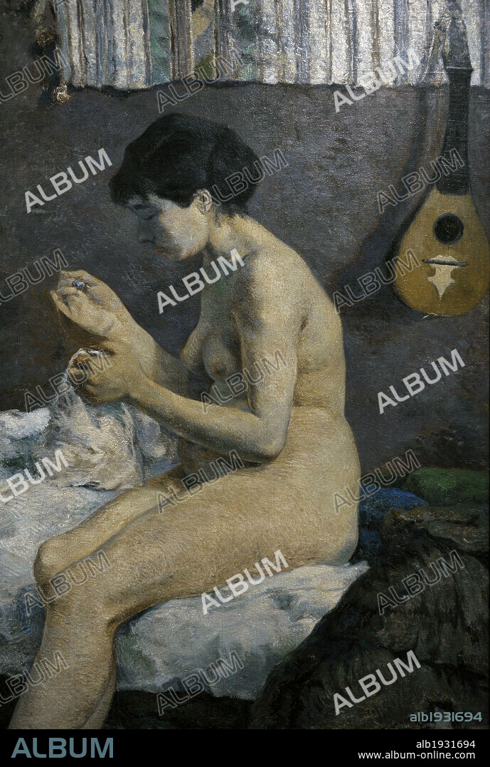 PAUL GAUGUIN (1848-1903). FRENCH PAINTER.. Paul Gauguin (1848-1903). Pintor post-impresionista francés. Estudio de un desnudo o Susana cosiendo. Oleo sobre lienzo (115 x 80 cm), 1880. Museo Carlsberg Glyptotek. Copenhague. Dinamarca.