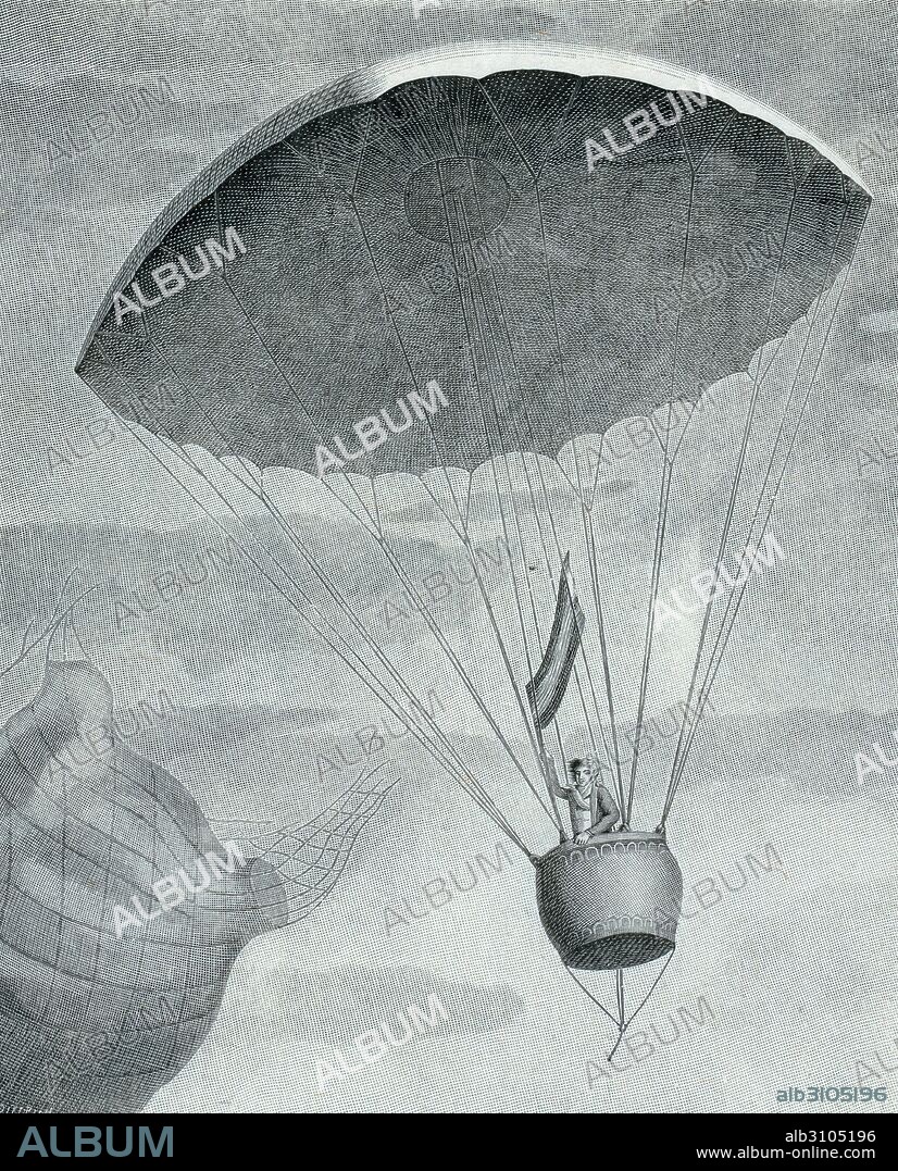 Wood engraving depicting André Jacques Garnerin, first man to descend in a parachute, standing in the gondola of his parachute waving a French flag after release from his balloon. Dated 1797.