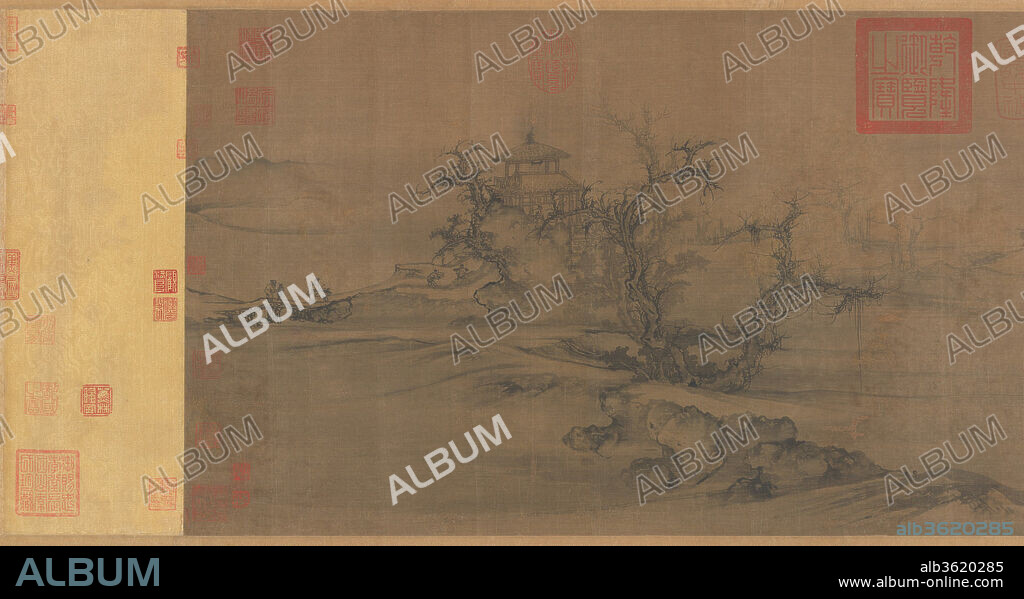 Old Trees, Level Distance. Artist: Guo Xi (Chinese, ca. 1000-ca. 1090). Culture: China. Dimensions: Image: 14 × 41 1/8 in. (35.6 × 104.4 cm)
Overall with mounting: 14 3/4 in. × 28 ft. 1/8 in. (37.5 × 853.8 cm). Date: ca. 1080.
Guo Xi, the preeminent landscape painter of the late eleventh century, sought to give form to poetic images and emotions and was particularly interested in conveying the nuances of seasons and times of day. Old Trees, Level Distance,a variation on the classic "level-distance" formula of tall foreground trees set against a wide river valley, is probably a late work done for a fellow government official on the eve of his retirement. In the final section of the handscroll, the leafless trees and deepening mist impart a forlorn, autumnal air to a scene in which two elderly figures approach a pavilion, perhaps to join colleagues in bidding farewell to a friend.