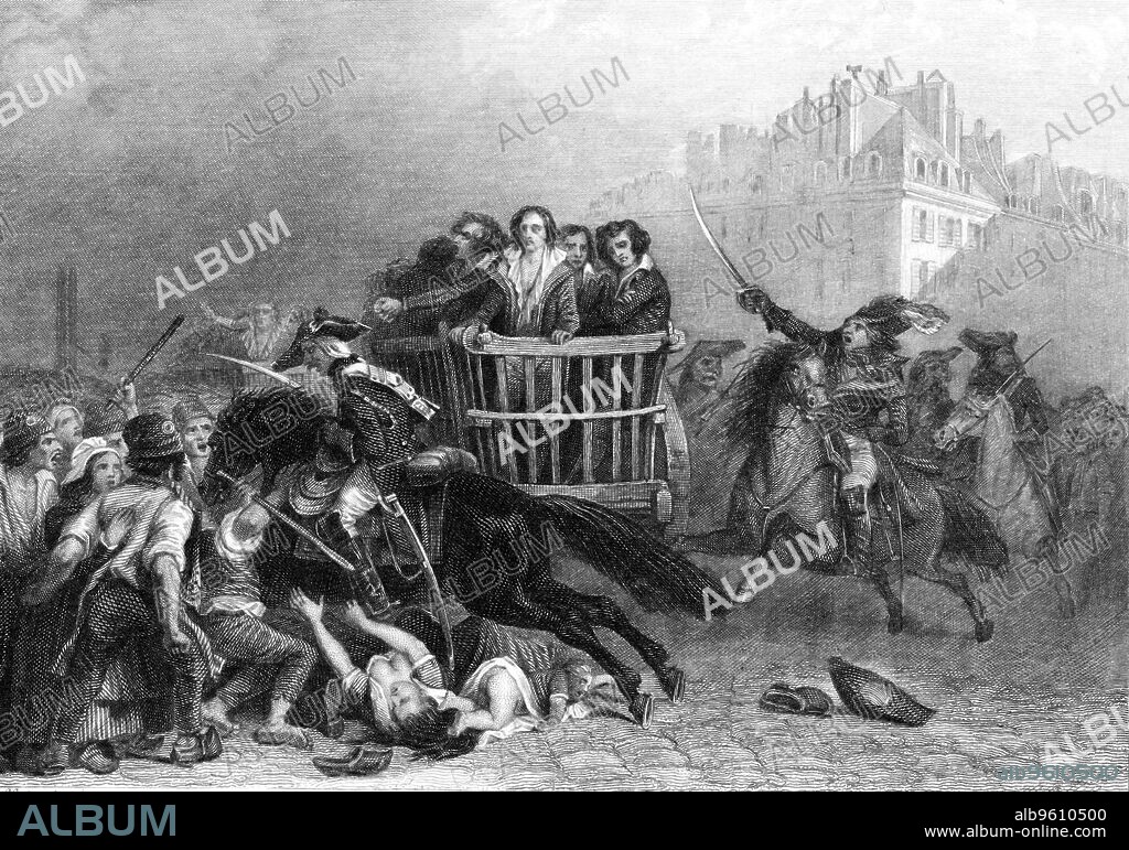 Victims of the Terror, French Revolution, 1794. The last victims of the Reign of Terror being taken to the guillotine in a tumbril. The Terror was imposed by the revolutionary authorities with the objective of suppressing counter-revolutionary activity by means of state terrorism. Under the direction of Maximilien Robespierre and his fellow members of the Committee for Public Safety, thousands of people were condemned to death between September 1793 and July 1794. Estimates of the number of victims vary widely, from 18,000 to as many as 40,000.
