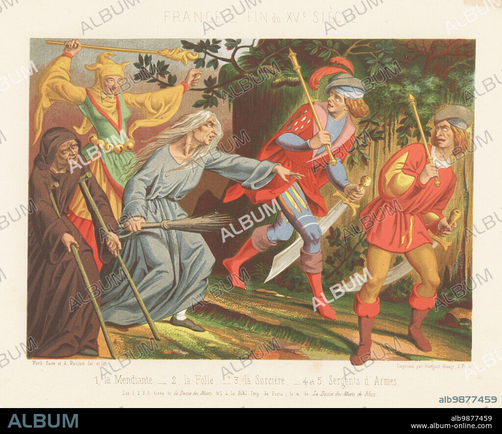 French costumes, end of 15th century. Disabled beggar with crutches 1, female fool with marotte 2, witch with broom 3 and sergeants at arms with rods and swords 4,5. La mendiante 1, la folle 2, la sorciere 3, sergents d'armes 4,5. XVe siecle. No. 4 from Danse des Morts de Blois, all others from a manuscript Danse des Morts in the Bibliotheque Imperiale. Chromolithograph by Ferdinand Sere and Auguste Racinet from Charles Louandres Les Arts Somptuaires, The Sumptuary Arts, Hangard-Mauge, Paris, 1858.