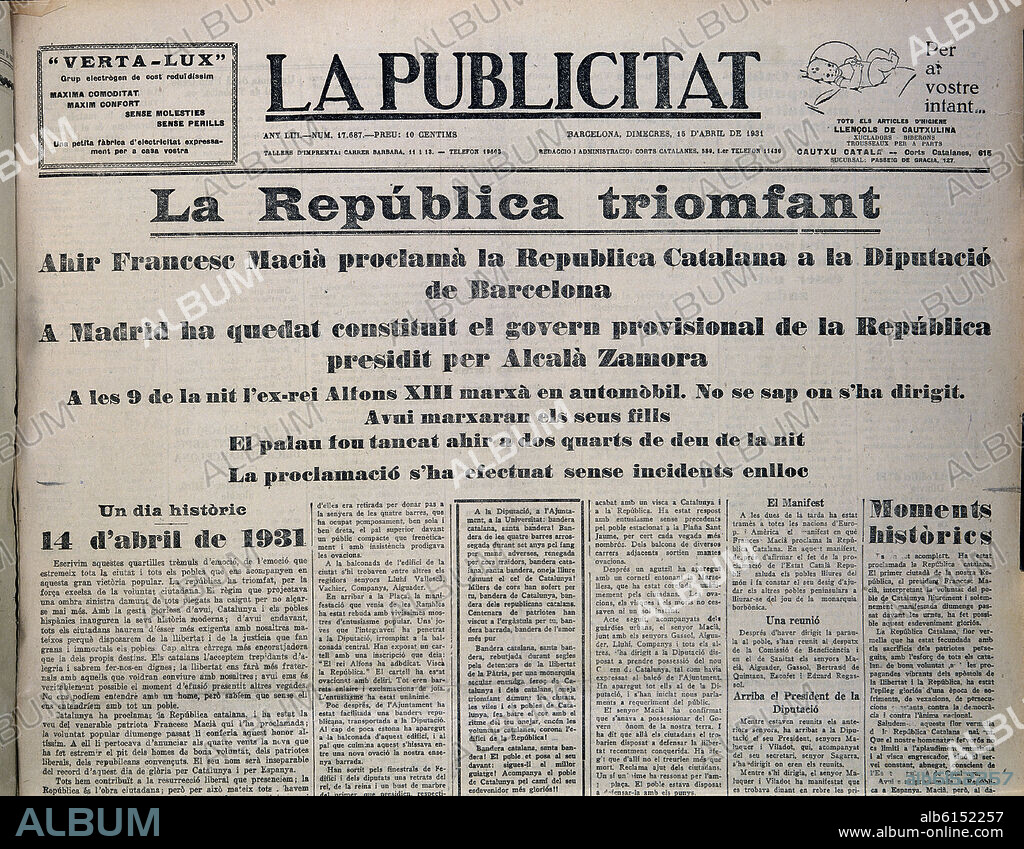 PORTADA DE LA PUBLICIDAD 15/4/1931- PROCLAMACION REPUBLICA-PRENSA CATALANA.