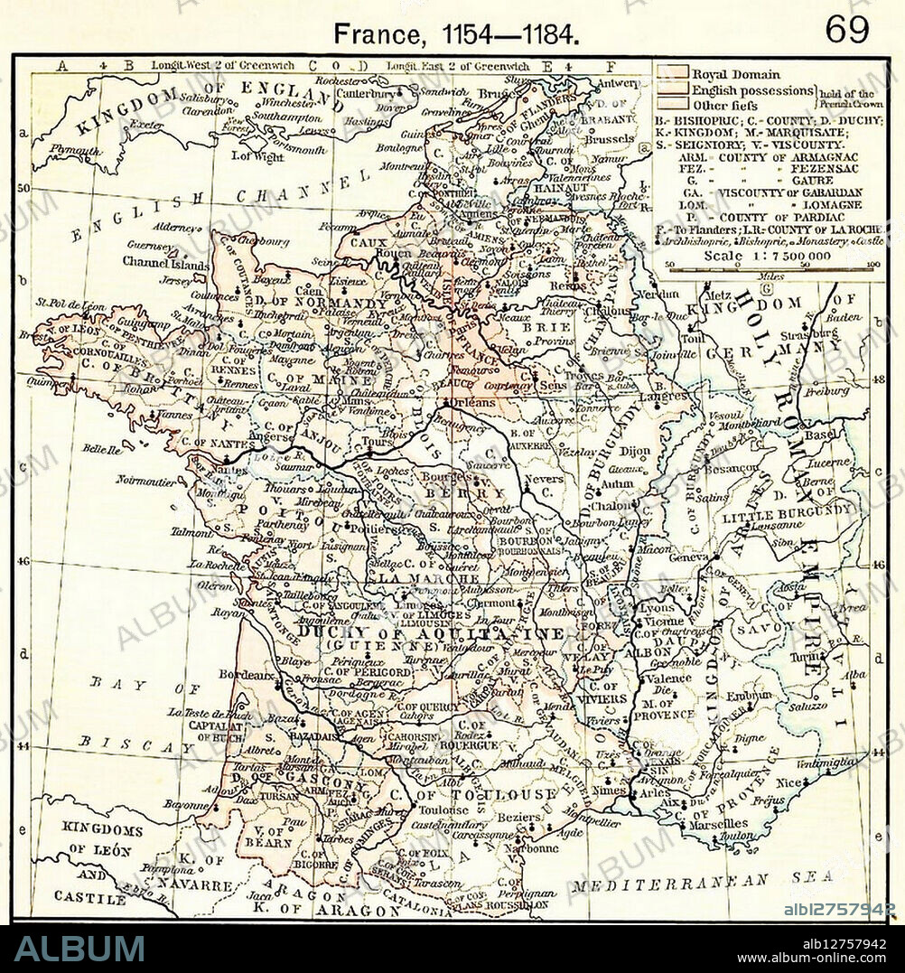 France, 1154-1184 Map showing Aquitaine and Angevin English territories.