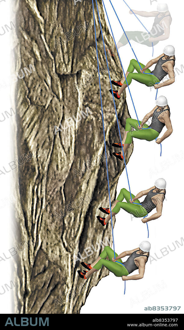 This technique allows the climber to descend safely using a double rope  attached by its middle to an anchor. The rope slides through a rappelling  device in a controlled ma - Album