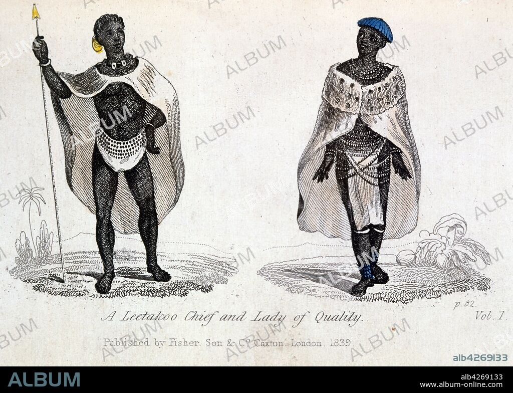 Illustration showing the chief of the leetakoo tribe and a woman in traditional dress. Dithakong is the name of a place east of Kuruman in the Northern Cape, South Africa, which had been a major destination for several of the earliest nineteenth century expeditions from the Cape to the interior of the subcontinent. In colonial literature the name is often rendered in such ways as Litakun, Litakoo, or Lattakoo.