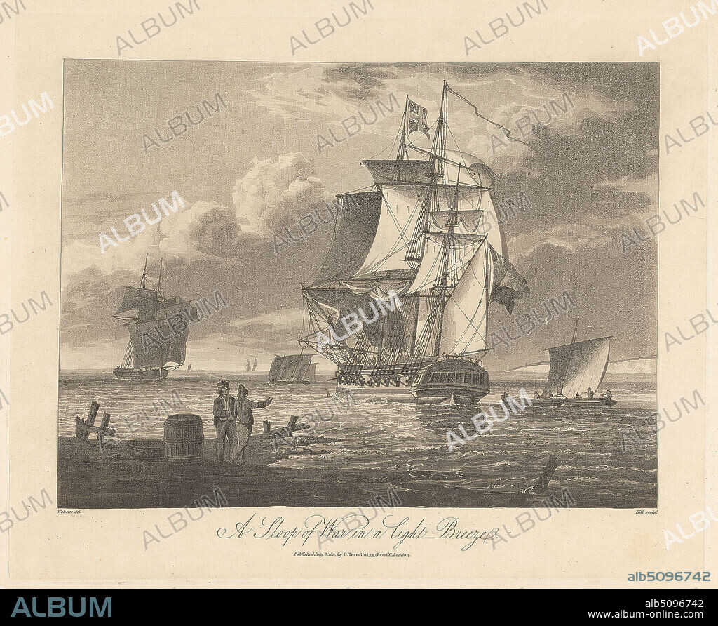 A Sloop of War in a Light Breeze, J. Hill, active 19th century, after George Webster, 17971864, British, Published by Gaetano Testolini, active 17601811, James John Hill, 18111882, British, 1811, Aquatint on moderately thick, moderately textured, cream wove paper, Sheet: 10 1/2 x 16 7/16 inches (26.7 x 41.8 cm), Plate: 8 9/16 x 10 5/8 inches (21.8 x 27 cm), and Image: 6 3/4 x 9 3/16 inches (17.2 x 23.3 cm), barrels, birds, boats, coastline, gesturing, marine art, men, moored, mooring, ocean, rigging, sails, sea, seagulls, ships, sloop (sailing vessel), sloop (warship).