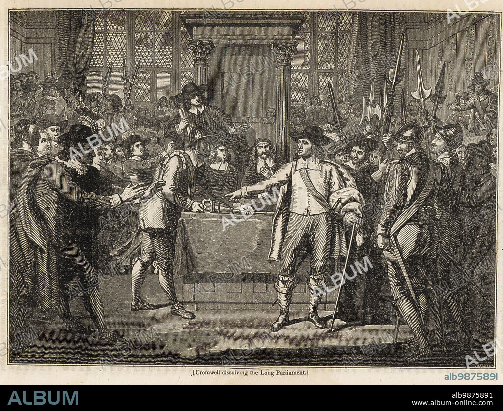 Oliver Cromwell and his Roundhead troops dissolving the Rump parliament, 20 April 1653. Cromwell dissolving the Long Parliament. Woodblock engraving by J. Jackson after Benjamin West from The Penny Magazine, of the Society for the Diffusion of Useful Knowledge, printed by William Clowes, Lambeth, 1833.