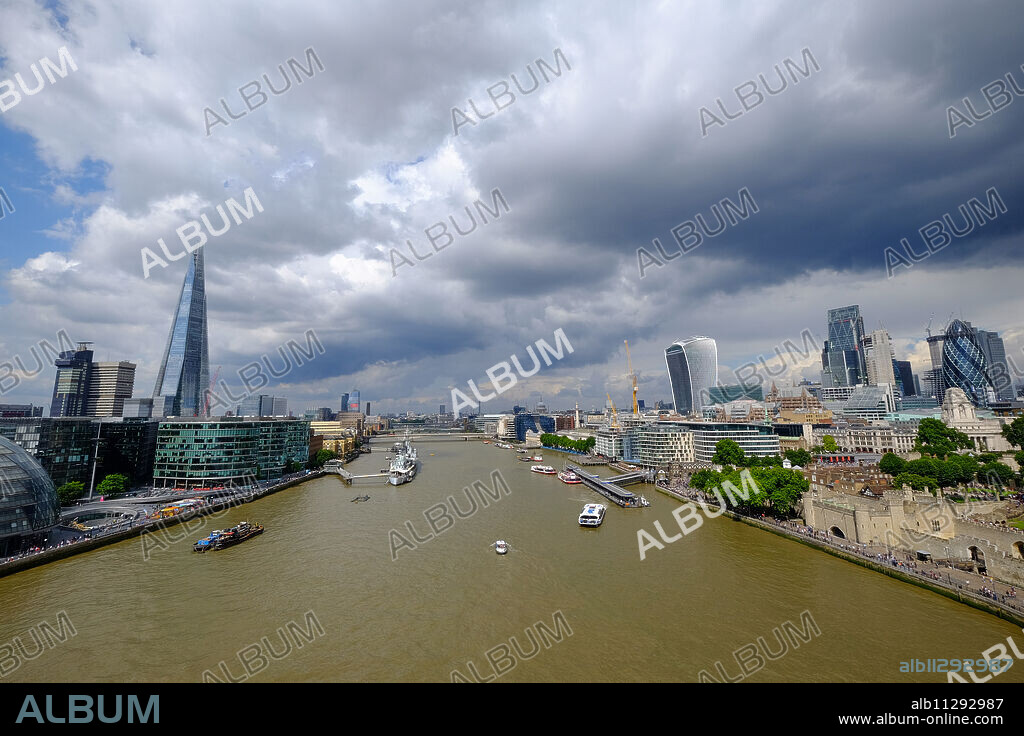 View of London and River Thames from Tower Bridge, London, England, United Kingdom, Europe.