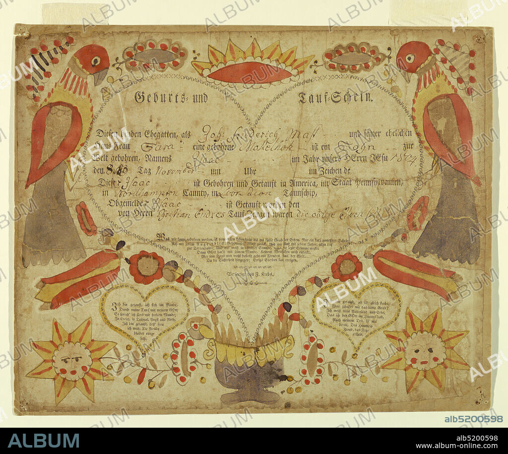 Fraktur taufschein (Birth Certificate), Johann Jacob Friedrich Krebs, German, active United States, ca. 1749 - 1815, Calligraphy in brown ink, brush and watercolor on paper, Large printed heart with words and artist's name inside, and information written in German about Isaac Friederich Mass (?), born 1804, son of Johann and Sara. Smaller hearts with verses below. Around the edges, birds, crown, suns and flowers painted in orange, brown, and yellow inks., Reading, Pennsylvania, United States, Paris, France, ca. 1804, Calligraphy, Calligraphy.