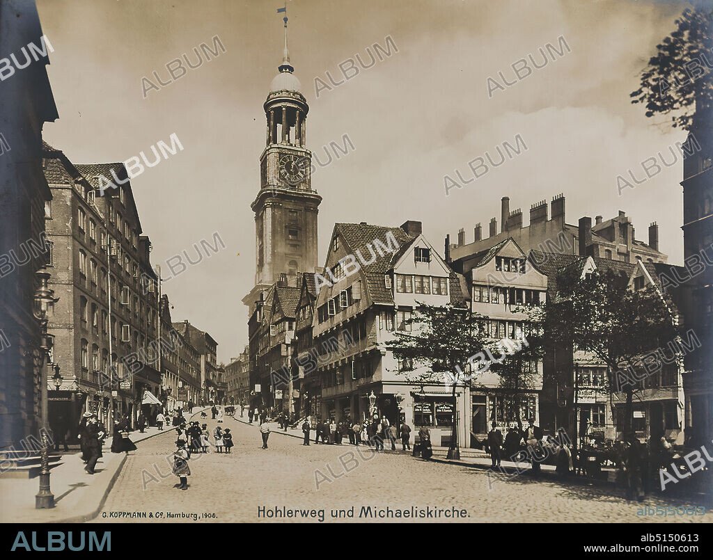 Georg Koppmann, Hohlerweg with the Michaeliskirche from the St. Michaelis Memorial Folder, Staatliche Landesbildstelle Hamburg, Collection on the History of Photography, silver gelatin paper, black and white positive process, image size: height: 18 cm; width: 24 cm, inscribed: recto u.: einbelichtet: G. KOPPMANN & Co. Hamburg, 1906, Hohlerweg and Michaeliskirche, architectural photography, city, city view (veduta), streets and squares, exterior of a church, The St. Michaelis Memorial Folder is the last of more than ten portfolios of photographs from Hamburg that Georg Koppmann dedicated to his home city. The folder was published in 1906 on the occasion of the fire in the main church of St. Michaelis. Although the collapsing tower and the burnt-out ruins are the focus of the portfolio, Koppmann supplements it with reproductions of historical engravings, pictures of the intact building and photographs showing St. Michaelis as a Hamburg landmark. At the end of a career spanning more than 40 years, Koppmann not only benefits from his experience as an event photographer, but can also draw on the strengths of his extensive archive of city views. (Sven Schumacher).