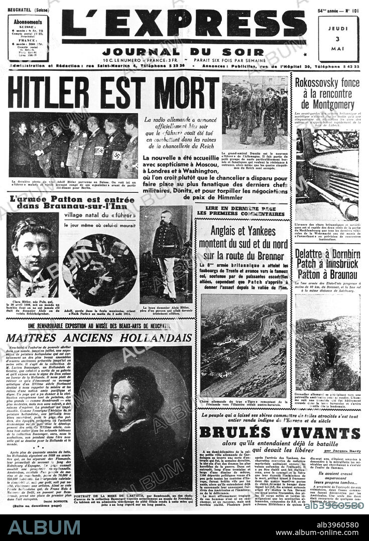 Hitler is Dead, front page of L'Express newspaper, 3 May 1945. Reports of events in the last week of World War II in Europe.