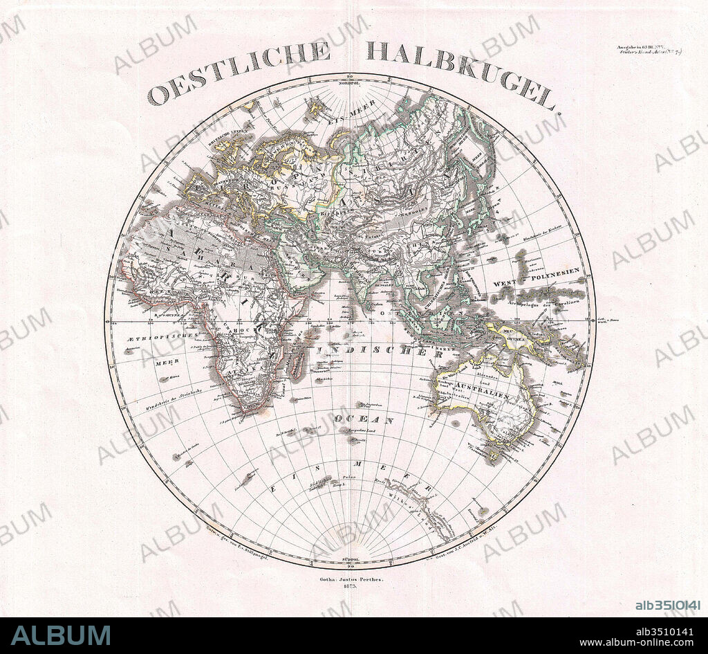 1873, Stieler Map of the Eastern Hemisphere, Europe, Africa, Asia, Australia, Pacific.