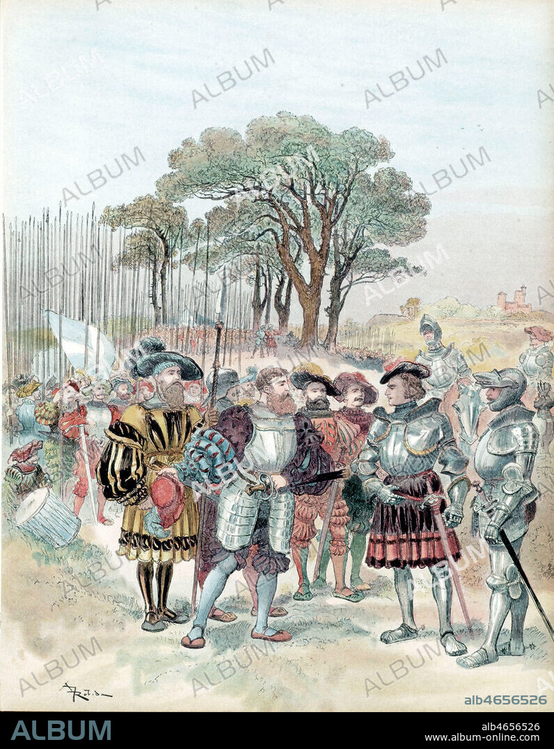 Au camp de la Biocca, les Suisses exigent solde, conge ou bataille. Illustration d'Albert ROBIDA (1848-1926) pour l'ouvrage 'Francois 1er' redige par Georges G-TOUDOUZE en 1909. Credit : Collection KHARBINE-TAPABOR.