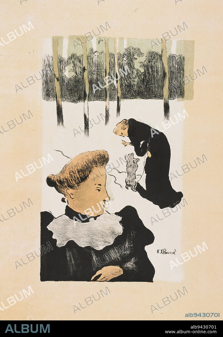 In the Snow, 1893, Ker-Xavier Roussel, French, 1867 - 1944, 13 x 7 1/2 in. (33.02 x 19.05 cm) (image), Color lithograph, France, 19th century, The small rituals of daily life were favorite subjects of the Nabis, a group of avant-garde artists active in the 1890s. Ker-Xavier Roussel rendered this dog-training scene in pure, flat shapes, with no indication of middle ground. He focused on the play of silhouettes-and the humorous fact that the prim foreground figure is someone the little dog will never please.