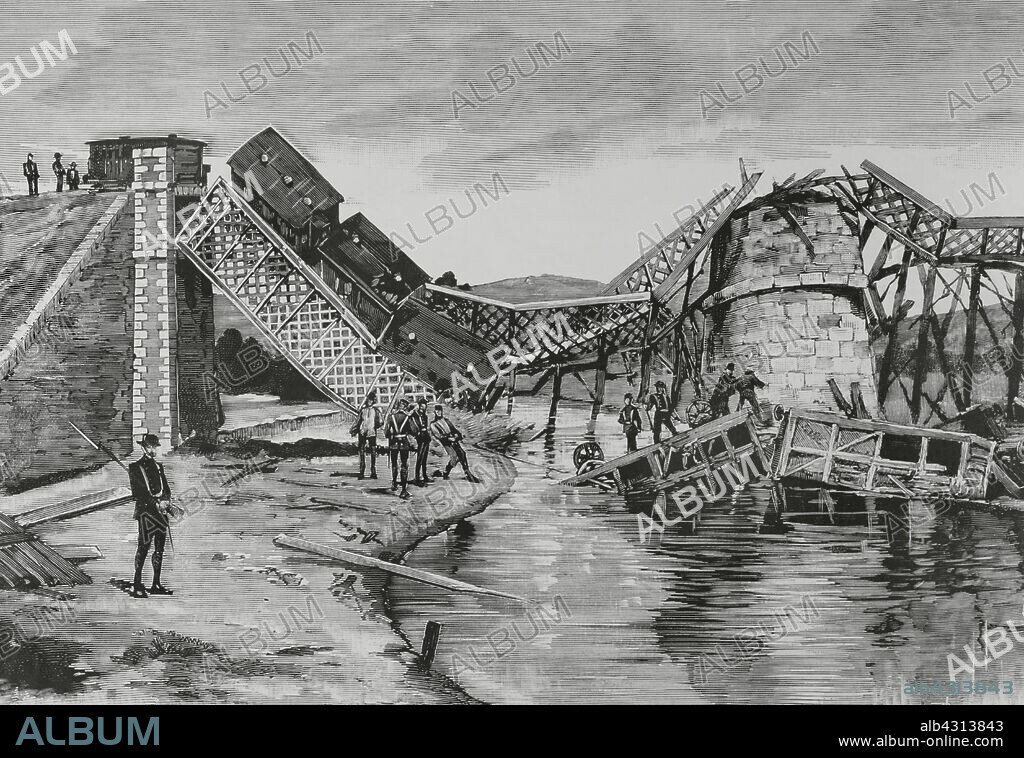 MANUEL ALCÁZAR RUIZ (1858-1914). SPANISH ARTIST. BERNARDO RICO (1825-1894). SPANISH PAINTER AND ENGRAVER.. Historia de España. La catástrofe del puente de Alcudia. Situado en el kilómetro 279 de la línea férrea de Madrid a Ciudad Real y Badajoz, entre las estaciones de Almadenejos y Chillón. El puente se derrumbó súbitamente en la madrugada del 27 de abril de 1884, al pasar el tren mixto número 51, precipitándose en el fondo del río la locomotora, el ténder, cuatro jaulas de ganado y siete coches con numerosos viajeros. Perdieron la vida 59 personas, en su mayoría soldados recién licenciados. Dibujo por Manuel Alcázar. Grabado por Rico. Detalle. La Ilustración Española y Americana, 8 de mayo de 1884.