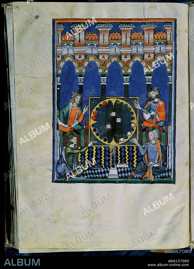 ALFONSO X DE CASTILLA EL SABIO. LIBRO DE JUEGOS O LIBRO DEL AJEDREZ DADOS Y TABLAS - 1283 - FOLIO 89 V - CUATRO HOMBRES JUGANDO AL JUEGO DEL MUNDO O DE LOS CUATRO TIEMPOS DEL AÑO.