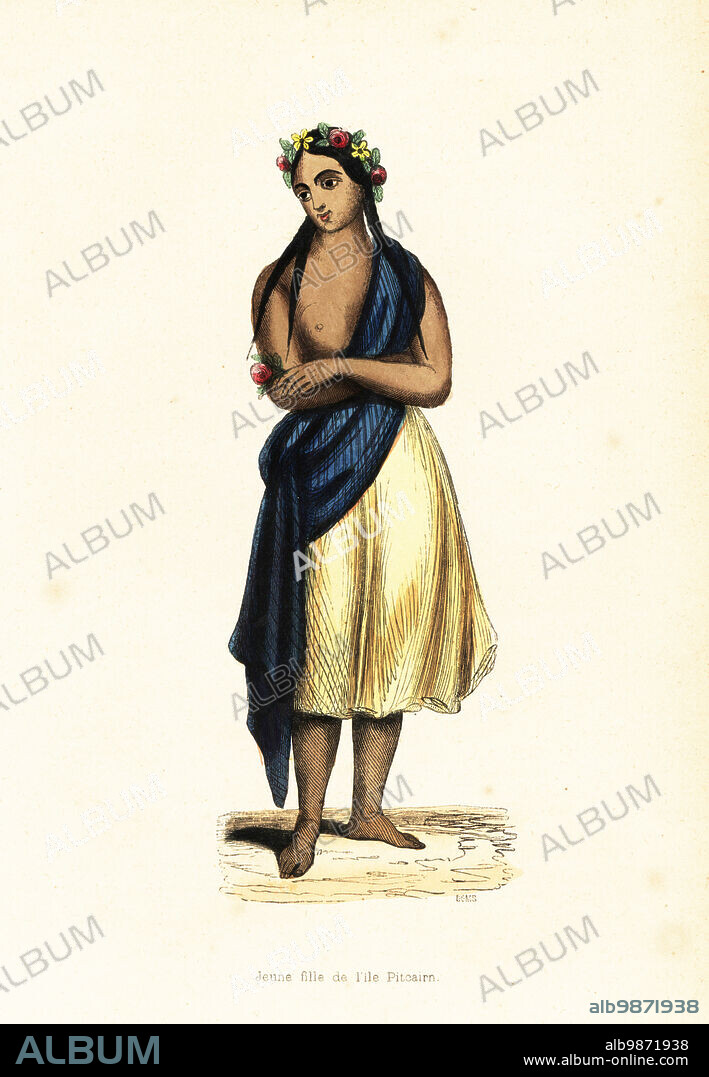 Tahitian girl of Pitcairn Island, South Pacific Ocean. One of the Tahitiian women brought by the English mutineers of HMS Bounty. She wears a blue shawl, yellow skirt and a garland of flowers in her hair. Jeune fille de lIle Pitcairn. Handcoloured woodcut by Doms from Auguste Wahlen's Moeurs, Usages et Costumes de tous les Peuples du Monde, (Manners, Customs and Costumes of all the People of the World) Librairie Historique-Artistique, Brussels, 1845.