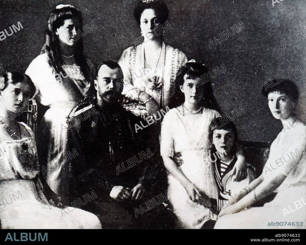 Photographic portrait of the Romanov Family. Pictured is Tsar Nicholas II, Tsarina Alexandra and their five children Olga, Tatiana, Maria, Anastasia and Alexei. Dated 20th century.