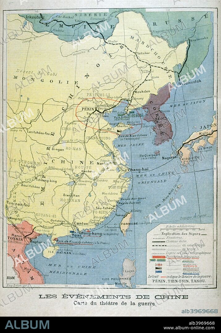 Map of the theatre of the war in China, 1900. Boxer Rebellion was a Chinese rebellion from November 1899 to September 7, 1901, against foreign influence in areas such as trade, politics, religion and technology that occurred in China during the final years of the Manchu rule (Qing Dynasty). An illustration from Le Petit Journal, 8th July 1900.
