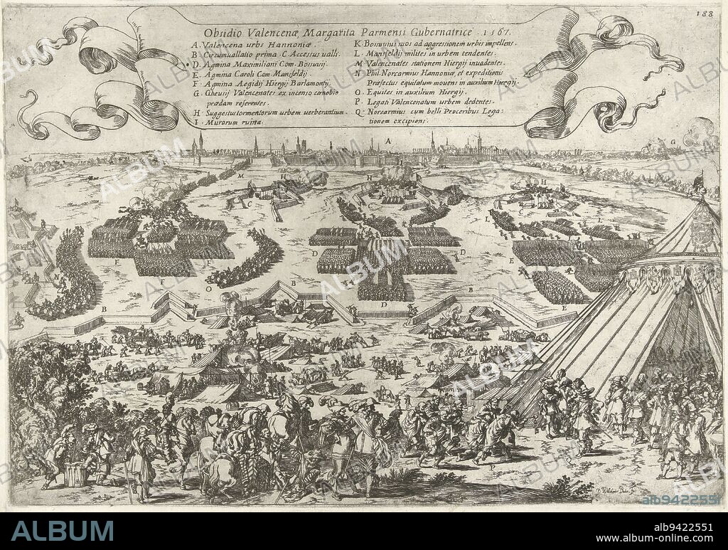 Siege and capture of Valenciennes, 24 March 1567. The city is recaptured from the Calvinists by the lord of Noircarmes. View from the camp of the army of Noircarmes. The inhabitants of the city kneeling offer Noircarmes the keys to the city. In front of the city advancing troops and skirmishes. At top a banderole with the title and legend A-Q in Latin, Taking of Valenciennes, 1567 Obsidio Valencenae, Margarita Parmensi Gubernatrice. 1567 , print maker: Johann Wilhelm Baur, (mentioned on object), Rome, 1630 - 1632, paper, etching, h 295 mm × w 422 mm.
