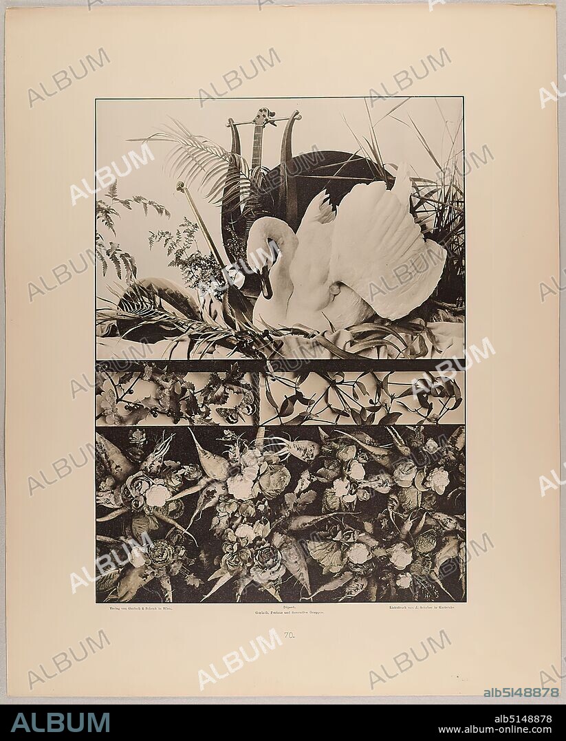 Martin Gerlach, J. Schober, publishing house Gerlach and Schenk, Still life, borders and filling made of musical instruments, swan, reed, palm trees, wing ferns, holly with butterflies, mistletoe and vegetables, Staatliche Landesbildstelle Hamburg, collection on the history of photography, paper, collotype, sheet size: height: 40.10 cm; width: 32.10 cm, inscribed: recto: Verlag von Gerlach & Schenk in Vienna, Déposé. Gerlach, Festons and decorative groups, collotype by J. Schober in Karlsruhe. Numbering, Landesbildstelle, handwritten inv. no, photography, plants and herbs, plant ornaments, birds, vegetables, butterfly, swan, kithara, mandolin, guitar, balalaika, lyre, lyre, zither, psaltery, trees, shrubs.
