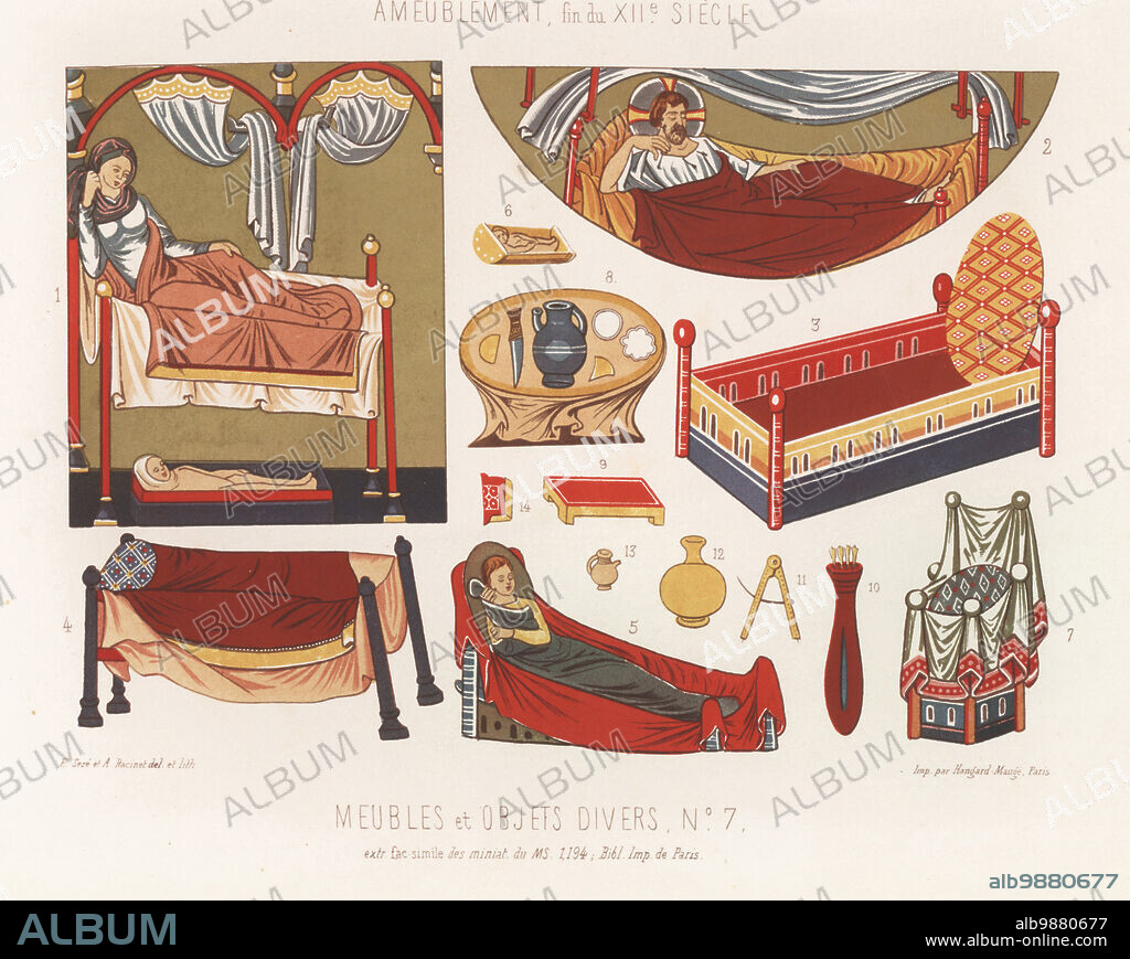 Beds and other furniture, late 12th century. Beds and cots with curtains 1-5, bed with moveable disk 3, desk 6, ceremonial chair 7, table 8, stool 9, quiver 10, stonemason's compass 11, vases 12,13, and fragment of book binding 14. Meubles et objets divers 7, fin du XIIe siecle. Taken from a manuscript Psalterium Cantuariense, Latin 8846, Psautier MS 1194, Bibliotheque Imperiale de Paris. France XIIe Siecle. Chromolithograph drawn and lithographed by Ferdinand Sere and Auguste Racinet from Charles Louandres Les Arts Somptuaires, The Sumptuary Arts, Hangard-Mauge, Paris, 1858.