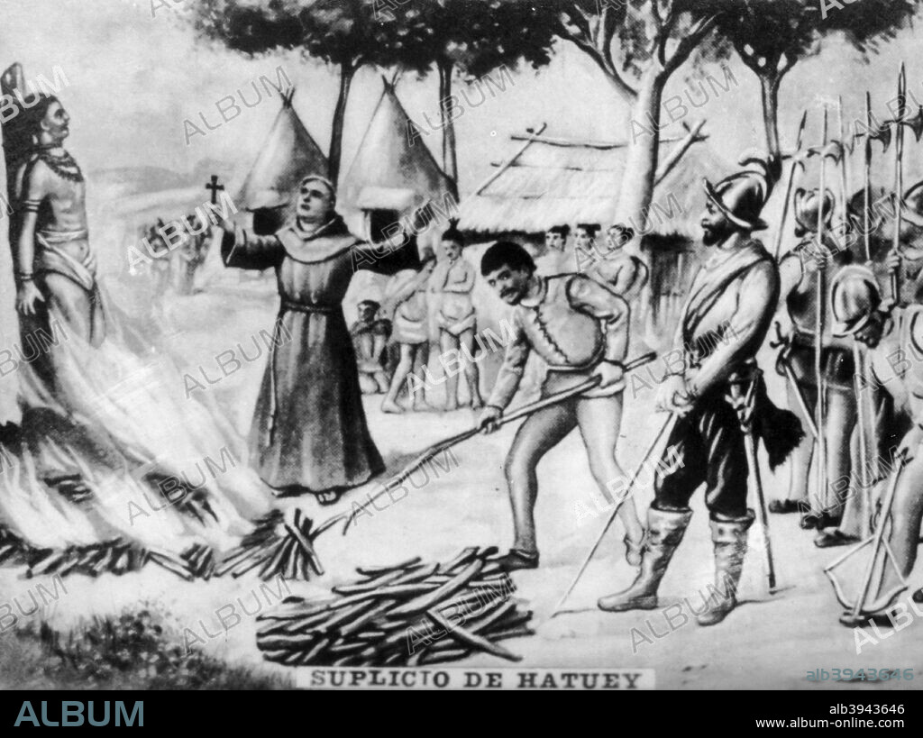 In 1511, Diego Velazquez set out from Hispaniola to conquer the island of Caobana (Cuba). He was preceded, however, by Hatuey, who fled Hispaniola with a party of four hundred in canoes and warned the inhabitants of Caobana about what to expect from the Spaniards.The people of Caobana could not believe Hatuey's message, and few joined him to fight. Hatuey resorted to guerrilla tactics against the Spaniards, and was able to confine them to their fort at Baracoa. Eventually the Spaniards succeeded in capturing him. On February 2, 1512,[2] he was tied to a stake and burned alive at Yara.Before he was burned, a priest asked him if he would accept Jesus and go to heaven. Las Casas recalled the reaction of the chief:[Hatuey], thinking a little, asked the religious man if Spaniards went to heaven. The religious man answered yes... The chief then said without further thought that he did not want to go there but to hell so as not to be where they were and where he would not see such cruel people. This is the name and honor that God and our faith have earned.Cigar card from the History of Cuba, Geografico Universal, Propaganda de los Cigarros Susini y La Corona, Tabacalera Cubana.