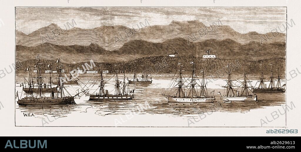 MADAGASCAR, THE "TAYMOUTH CASTLE" LEAVING TAMATAVE WITH DESPATCHES FOR THE MAURITIUS, JUNE 28, 1883: "Creuze" (French War Vessel) "Nievre" (French War Vessel), H.M.S. "Dryad", S.S. "Taymouth Castle".