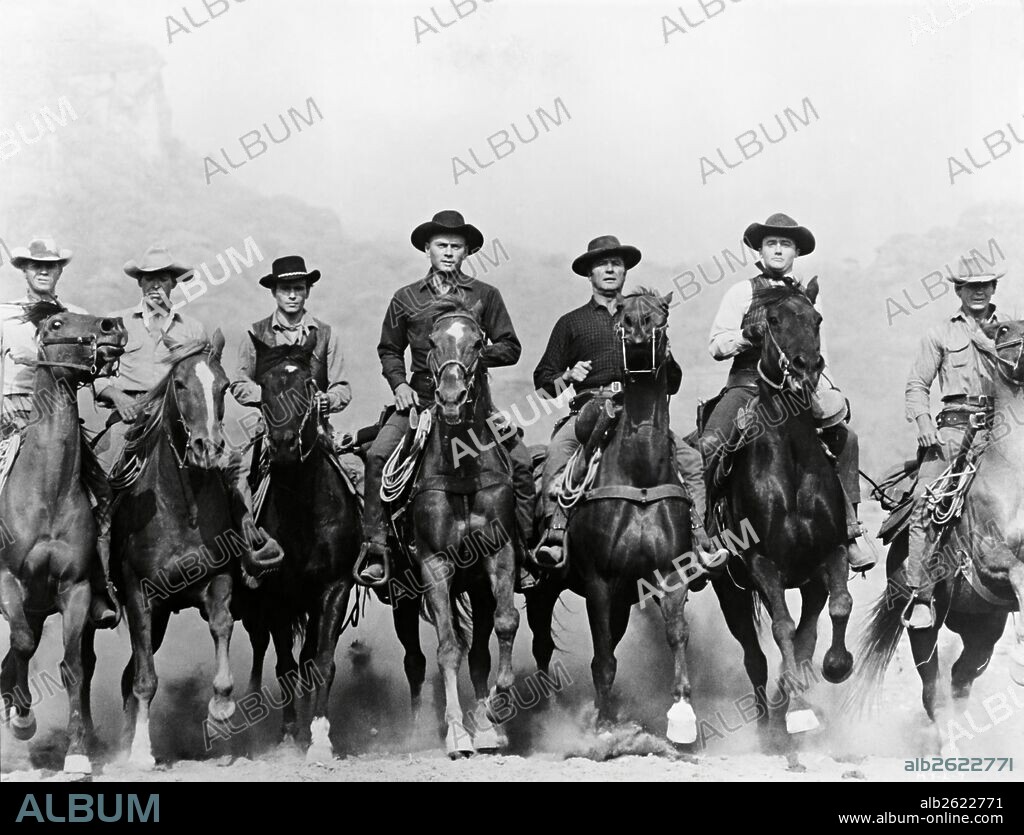 BRAD DEXTER, CHARLES BRONSON, HORST BUCHHOLZ, JAMES COBURN, ROBERT VAUGHN, STEVE MCQUEEN and YUL BRYNNER in THE MAGNIFICENT SEVEN, 1960, directed by JOHN STURGES. Copyright UNITED ARTISTS.