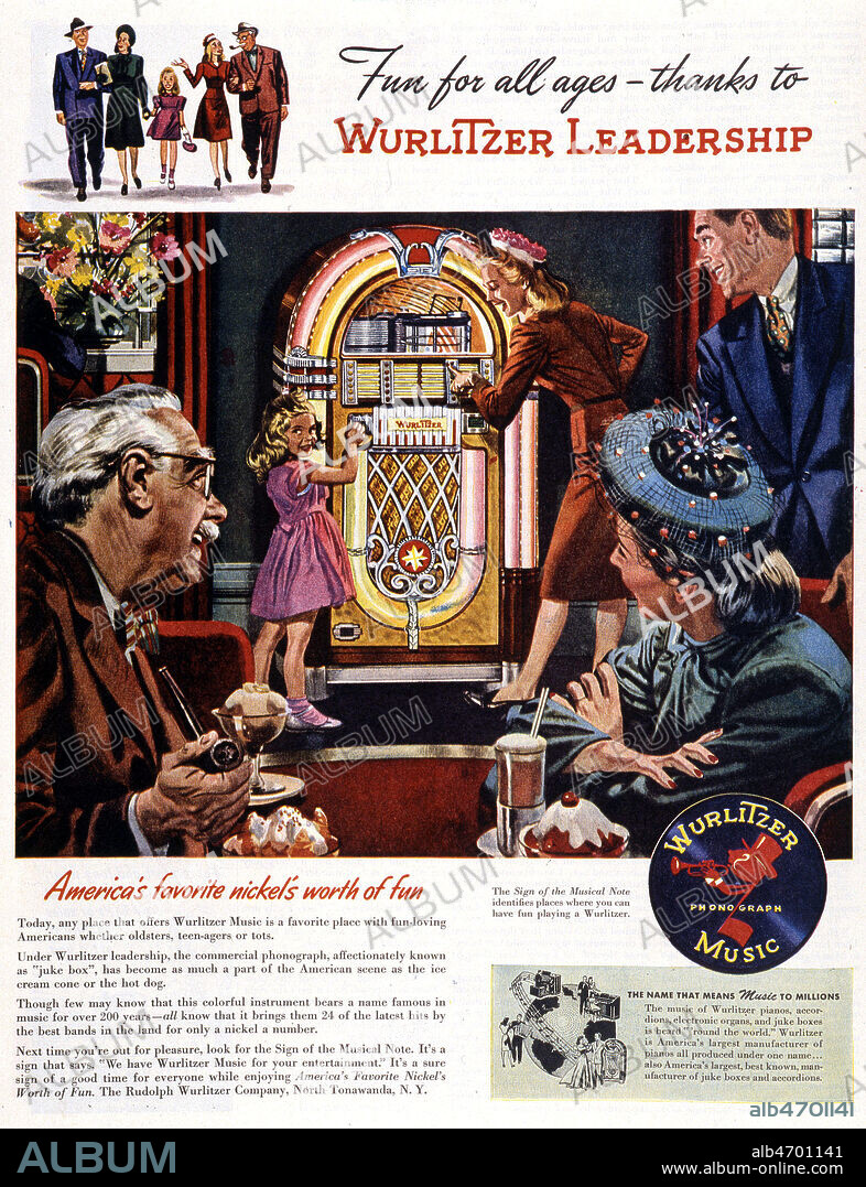 Publicite americaine pour les Juke Box Wurlitzer Leadership, publiee dans Saturday Evening Post en 1946. Credit : Collection Grob/KHARBINE-TAPABOR.