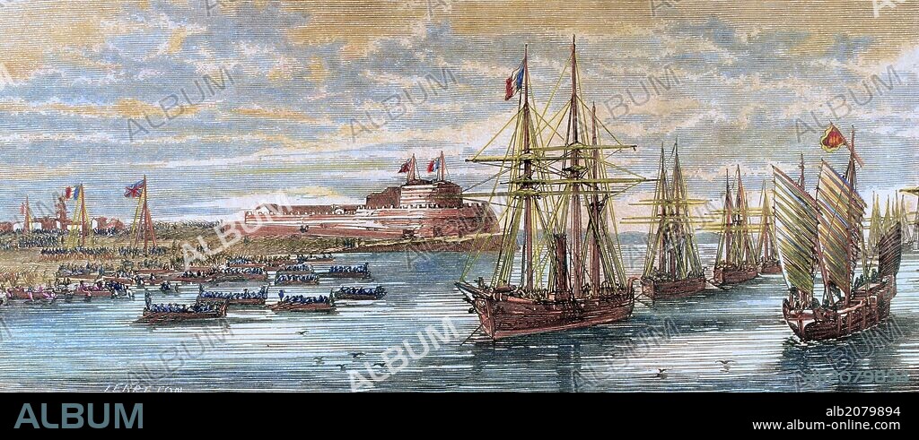 Second opium War (1856-1860) between the British Empire and the Second French Empire against Qing Dynasty of China. Landing of the allied troops of France and Great Britain near at Beitang (Pei Tang) in China. Engraving in "L'Illustration", 1860. Colored.
