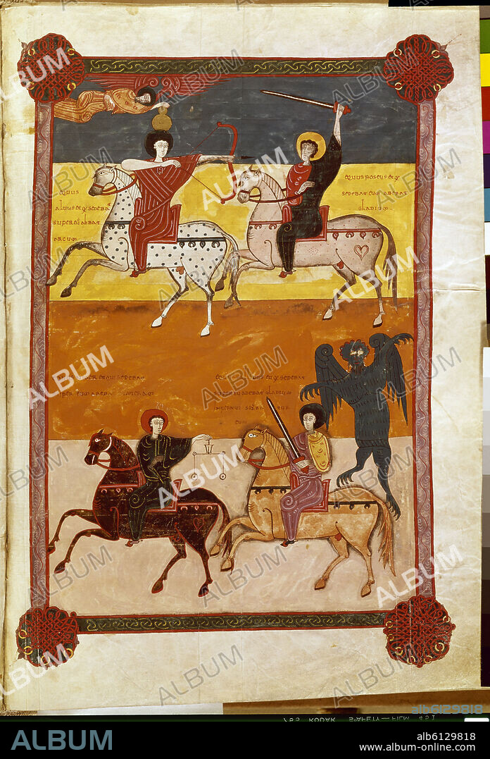 BEATO DE LIÉBANA. COMENTARIOS AL APOCALIPSIS-1047- F135- VISION DE LOS CUATRO JINETES-MOZARABE.