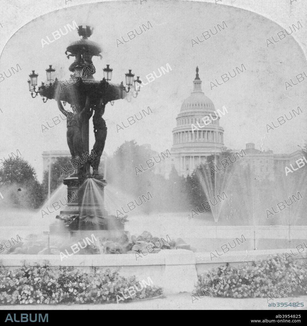 The Bartholdi Fountain and the Capitol, Washington DC, USA, late 19th or early 20th century. The fountain was designed by French sculptor Frederic Auguste Bartholdi, who later created the Statue of Liberty. It was created for the 1876 Philadelphia Exposition, held to commemorate the centenary of the United States. After the exposition the fountain was purchased by the US Congress and was sited on the Mall in Washington DC. In 1927 it was moved to its present location, at the junction of Independence Avenue and First Street. Stereoscopic card. Detail.