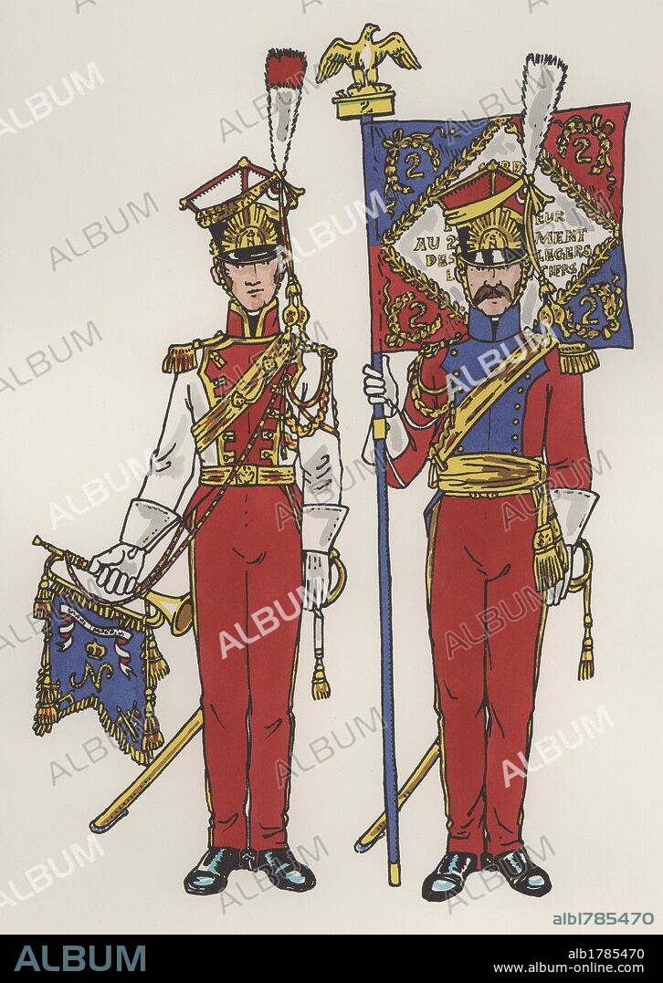 JOAQUÍN PLA DALMAU. Francia. Uniformes militares. Siglo XIX. Segundo regimiento de lanceros polacos de la guardia (lanceros rojos). Trompeta y Portaestandarte. Año 1812. Dibujo de Joaquín Pla Dalmau (Girona, 1917-2005).