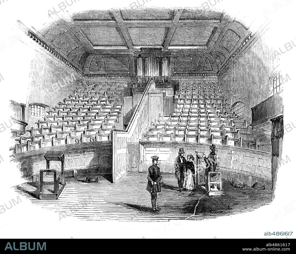 Interior of chapel, 1842. Church and organ inside Pentonville Prison, London, completed in 1842. The wooden pews are built with divisions to prevent prisoners from seeing each other. From "Illustrated London News", 1844, Vol I.