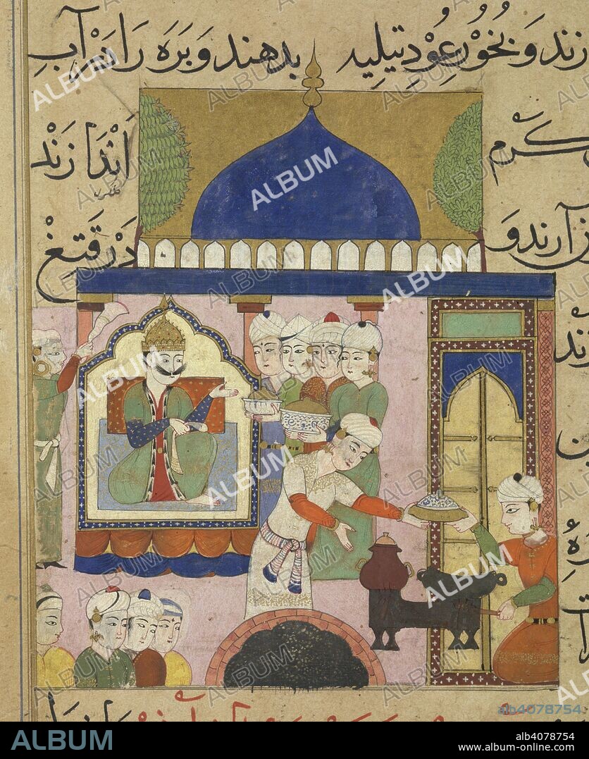 Ghiyath Shahi supervising his cooks. The Ni'matnama-i Nasir al-Din Shah. A manuscript o. 1495 - 1505. Ghiyath Shahi supervising his cooks, from the Ni'matnama-i Nasir al-Din Shah. Ghiyath Shahi is pointing towards the cook who is handing a dish of food to one attendant, while four others are standing near the throne, holding dishes and watching procedures. Ghiyath Shahi, crowned and barefooted, is in a blue-domed pavilion, which has a circular pool in the foreground. The section is explaining the ingredients needed for 'bar?a' (pulse balls fried in oil, dried in the sun and used for flavouring). Opaque watercolour. Sultanate style.  Image taken from The Ni'matnama-i Nasir al-Din Shah. A manuscript on Indian cookery and the preparation of sweetmeats, spices etc.  Originally published/produced in 1495 - 1505. . Source: I.O. ISLAMIC 149, f.8v. Language: Persian.