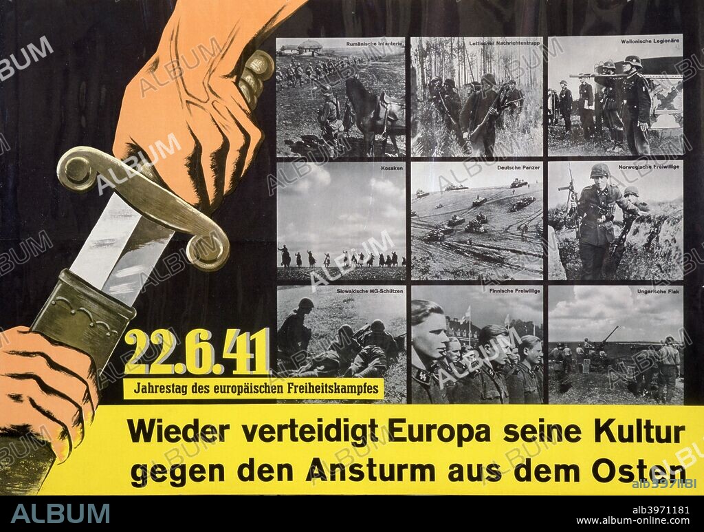 German anti-communist propaganda poster, c1941-c1945. The poster celebrates the collaboration of forces from Romania, Lithuania, Wallonia (French-speaking Belgium), Cossacks, Norway, Slovakia, Finland and Hungary with the Germans in the campaign agains the Soviet Union.