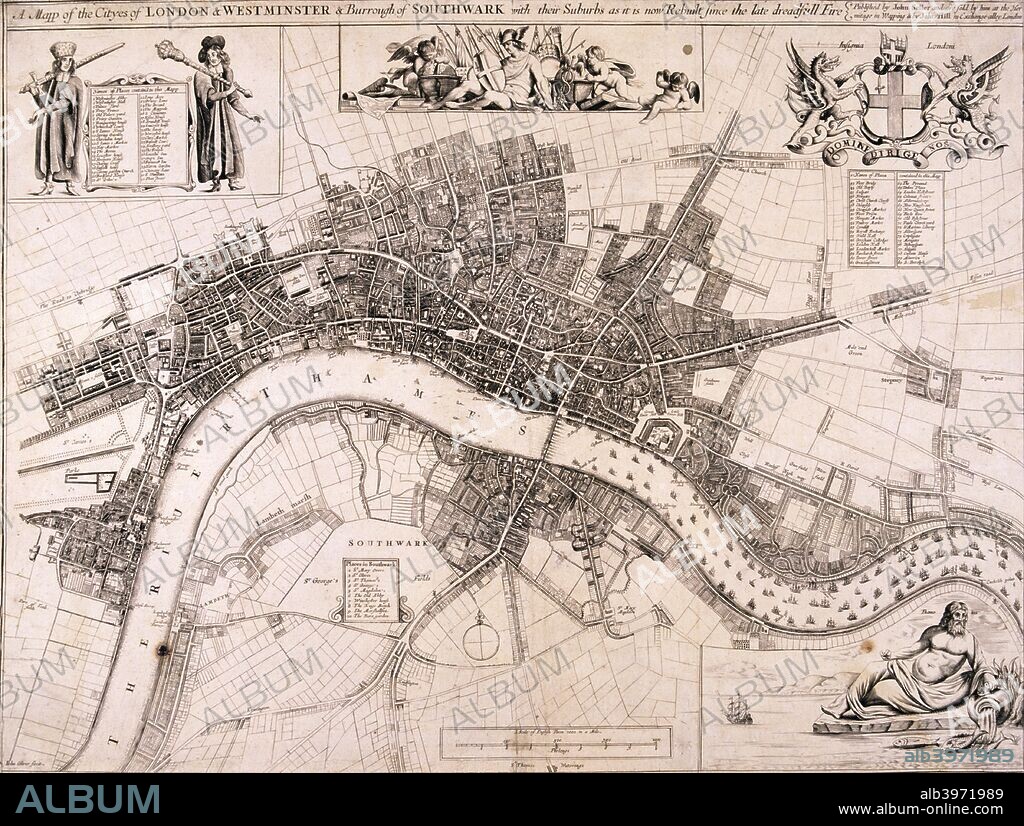 Map of the City of London, City of Westminster, Lambeth, Southwark and the River Thames, c1680.